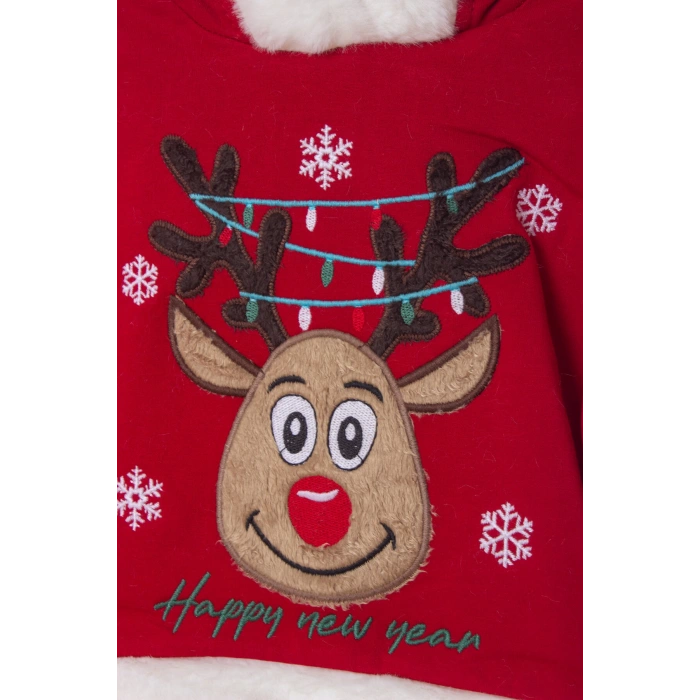 kirmizi renkli happy new year baskili nakisli kapusonlu pamuklu uzun kollu alt ust cocuk takim