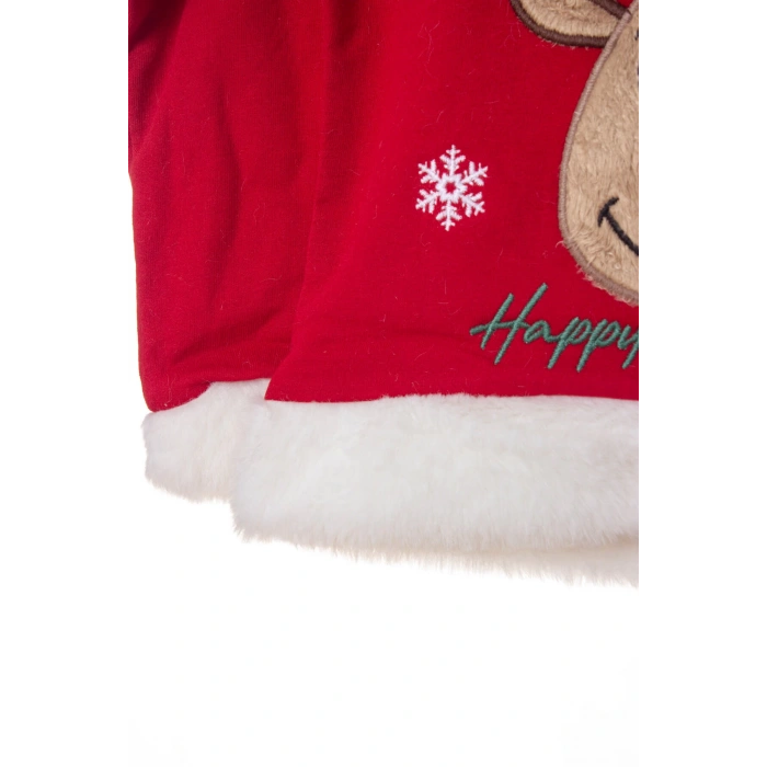 kirmizi renkli happy new year baskili nakisli kapusonlu pamuklu uzun kollu alt ust cocuk takim