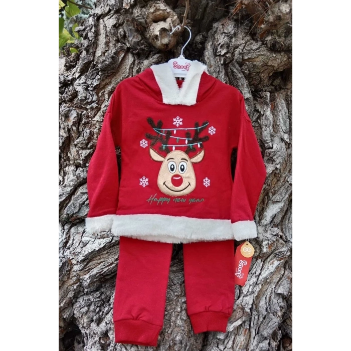 kirmizi renkli happy new year baskili nakisli kapusonlu pamuklu uzun kollu alt ust cocuk takim