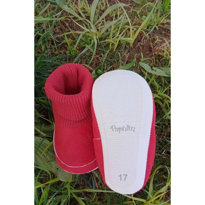 kirmizi renkli ici pamuklu astarli corapli model organik ortopedik cocuk bebek ilkadim patik panduf ayakkabi