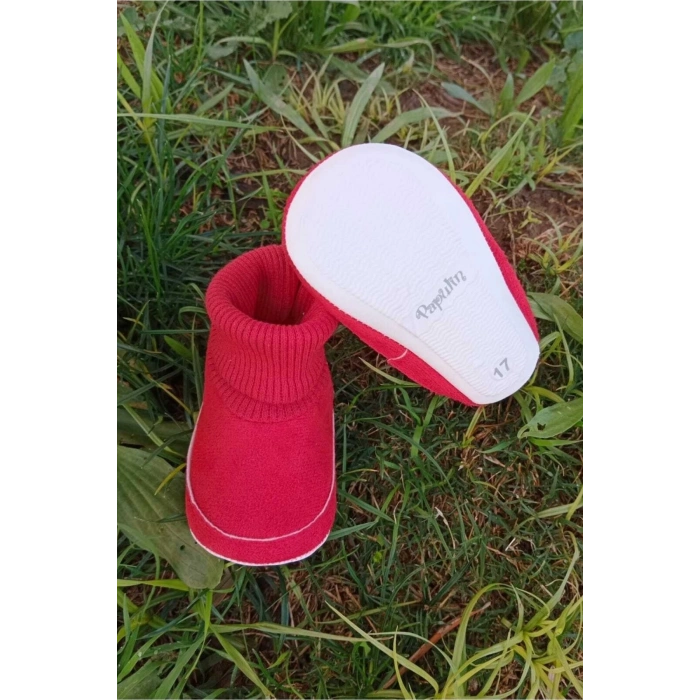 kirmizi renkli ici pamuklu astarli corapli model organik ortopedik cocuk bebek ilkadim patik panduf ayakkabi
