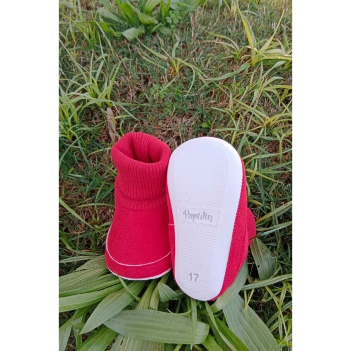 kirmizi renkli ici pamuklu astarli corapli model organik ortopedik cocuk bebek ilkadim patik panduf ayakkabi