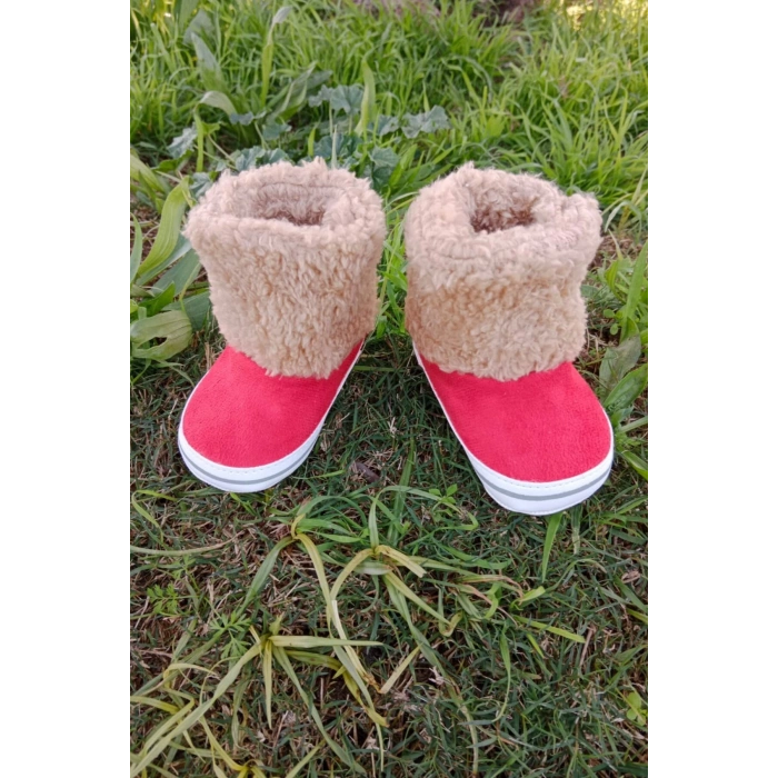 kirmizi renkli ici pamuklu cirtli bantli kapamali organik unisex cocuk bebek ilkadim patik panduf