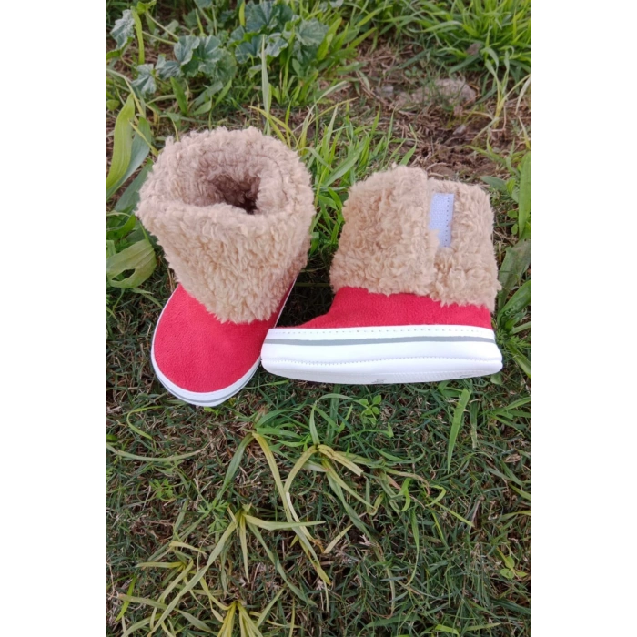 kirmizi renkli ici pamuklu cirtli bantli kapamali organik unisex cocuk bebek ilkadim patik panduf