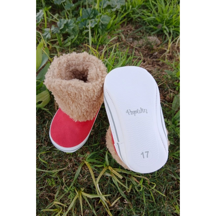 kirmizi renkli ici pamuklu cirtli bantli kapamali organik unisex cocuk bebek ilkadim patik panduf