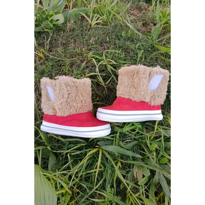 kirmizi renkli ici pamuklu cirtli bantli kapamali organik unisex cocuk bebek ilkadim patik panduf