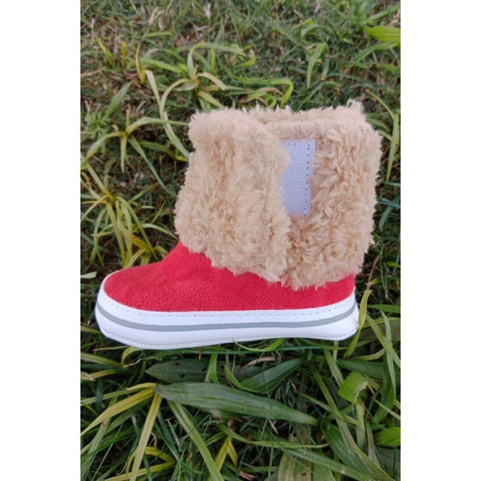 kirmizi renkli ici pamuklu cirtli bantli kapamali organik unisex cocuk bebek ilkadim patik panduf