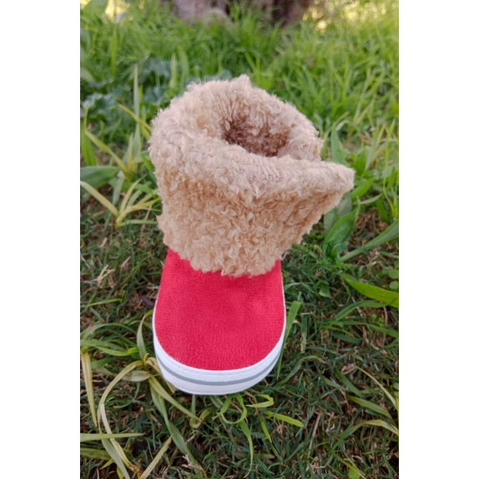 kirmizi renkli ici pamuklu cirtli bantli kapamali organik unisex cocuk bebek ilkadim patik panduf