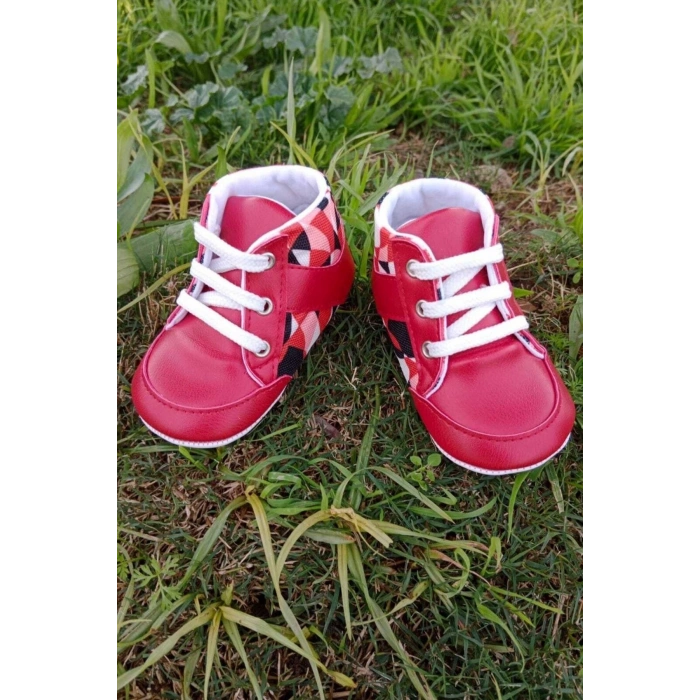 kirmizi renkli ici pamuklu organik cocuk bebek ilkadim bagcikli patik sneaker casual ayakkabi