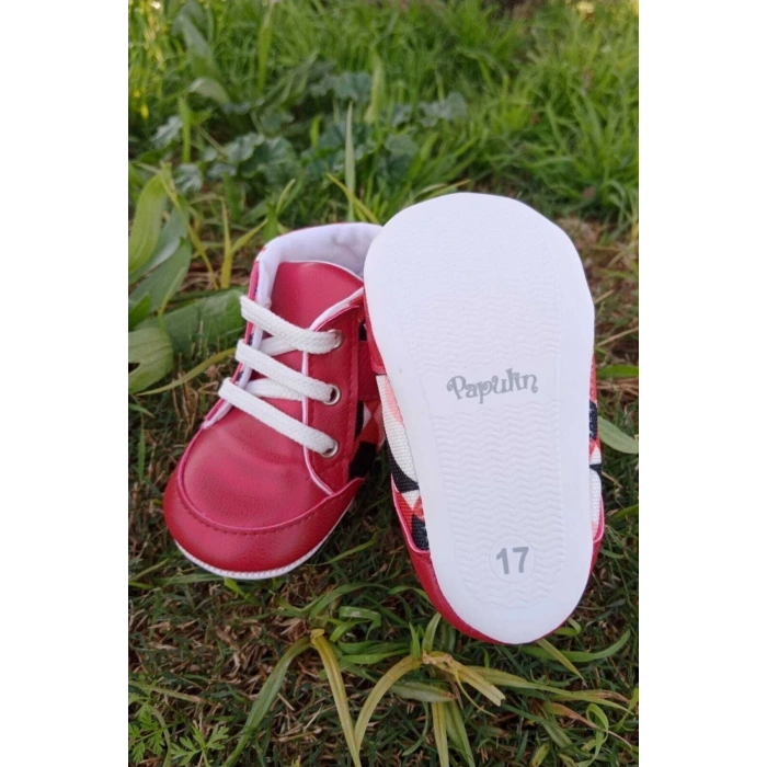 kirmizi renkli ici pamuklu organik cocuk bebek ilkadim bagcikli patik sneaker casual ayakkabi