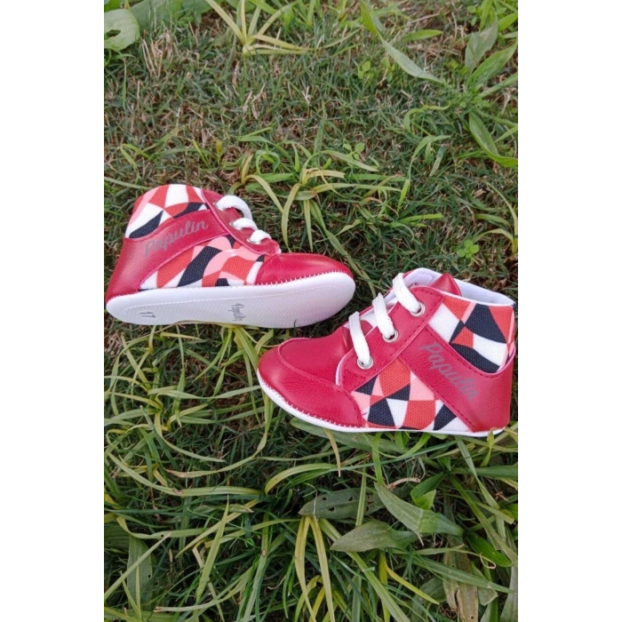 kirmizi renkli ici pamuklu organik cocuk bebek ilkadim bagcikli patik sneaker casual ayakkabi