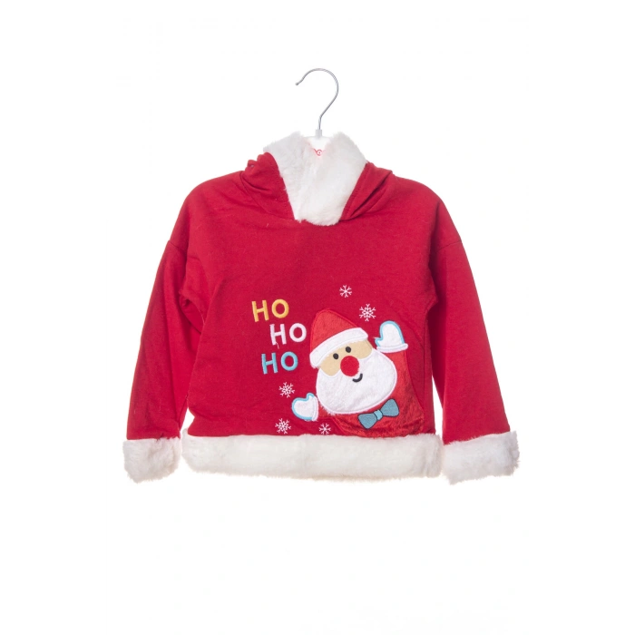 kirmizi renkli noel baba baskili nakisli pamuklu uzun kollu kapusonlu alt ust cocuk takim