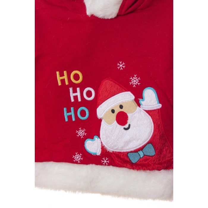 kirmizi renkli noel baba baskili nakisli pamuklu uzun kollu kapusonlu alt ust cocuk takim