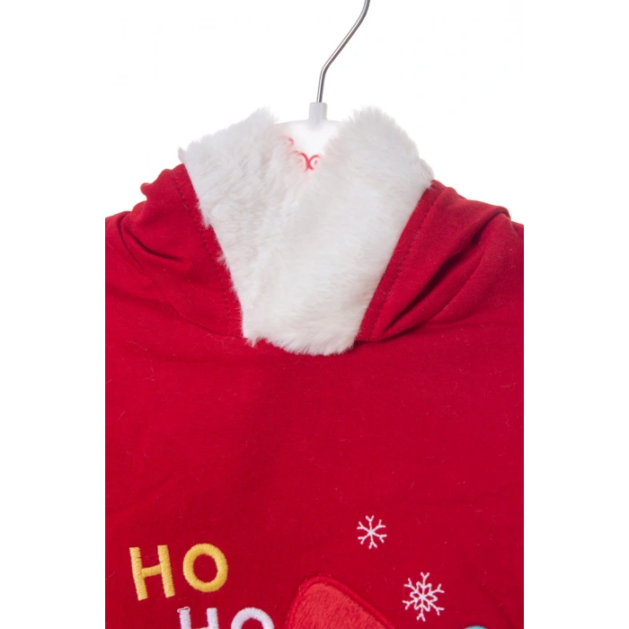 kirmizi renkli noel baba baskili nakisli pamuklu uzun kollu kapusonlu alt ust cocuk takim