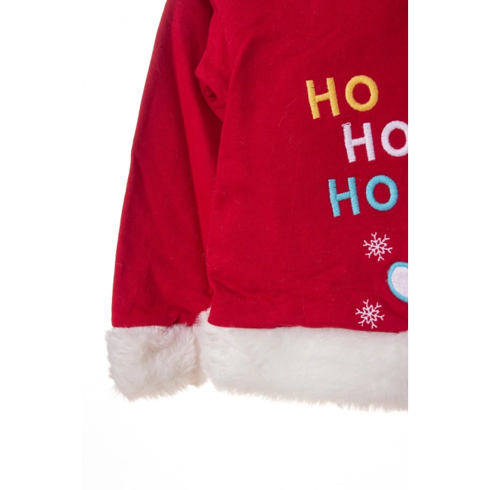 kirmizi renkli noel baba baskili nakisli pamuklu uzun kollu kapusonlu alt ust cocuk takim