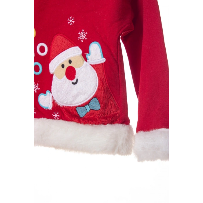 kirmizi renkli noel baba baskili nakisli pamuklu uzun kollu kapusonlu alt ust cocuk takim