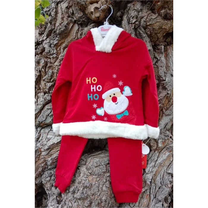 kirmizi renkli noel baba baskili nakisli pamuklu uzun kollu kapusonlu alt ust cocuk takim