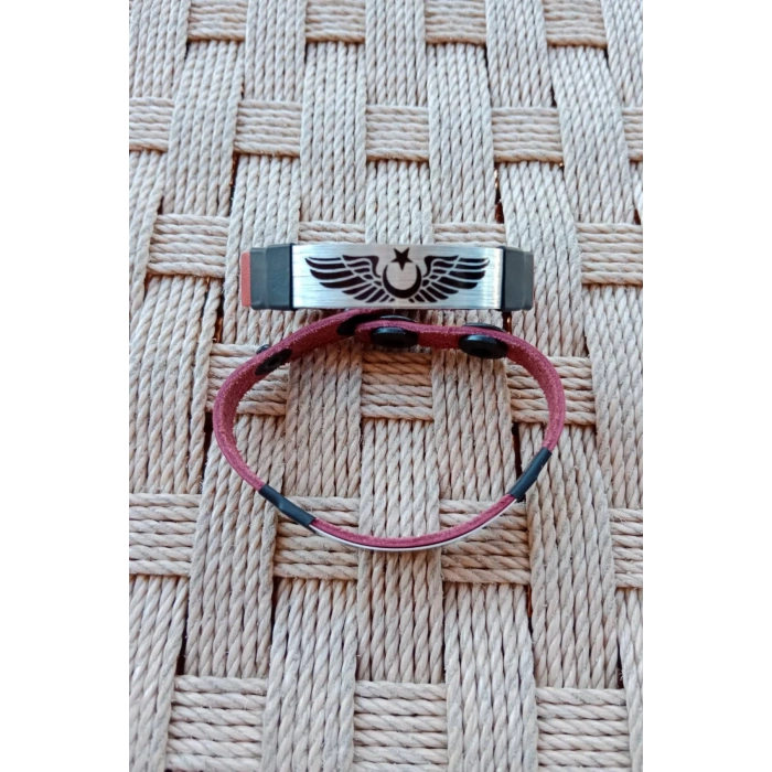 Kirmizi Renkli Pilot Brovesi Logolu Hakiki Deri Hediyelik Bileklik