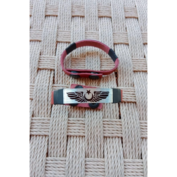 Kirmizi Renkli Pilot Brovesi Logolu Hakiki Deri Hediyelik Bileklik