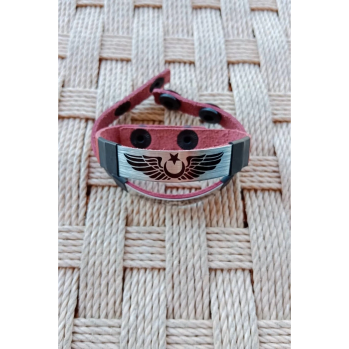 Kirmizi Renkli Pilot Brovesi Logolu Hakiki Deri Hediyelik Bileklik