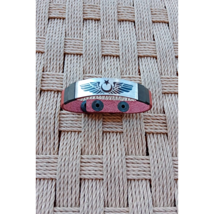 Kirmizi Renkli Pilot Brovesi Siluetli Hakiki Deri Hediyelik Bileklik