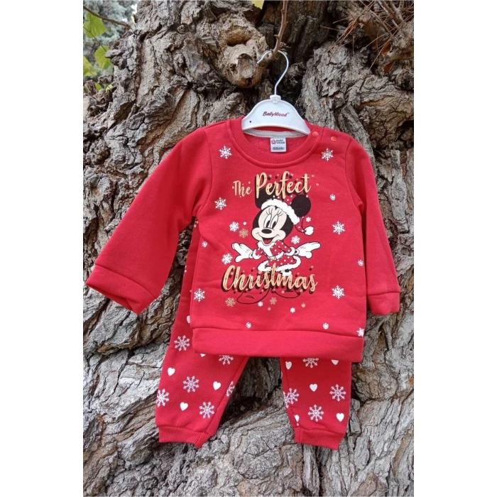 kirmizi renkli the perfect christmas mickey mouse baskili nakisli pamuklu uzun kollu cocuk alt ust takim