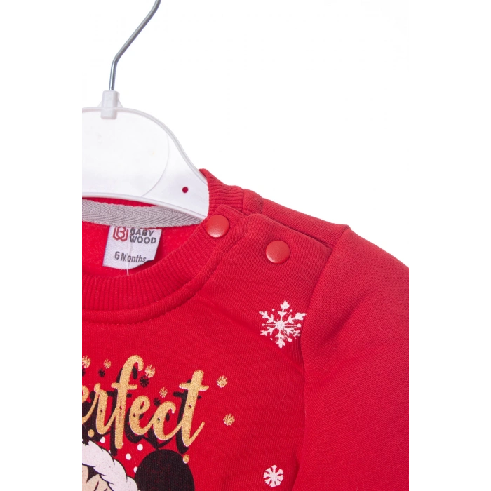 kirmizi renkli the perfect christmas mickey mouse baskili nakisli pamuklu uzun kollu cocuk alt ust takim