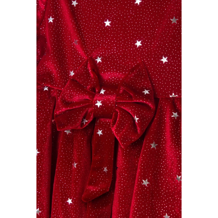 kirmizi renkli tullu varakli simli fiyonk kurdelali yildizli pamuklu uzun kollu elbise