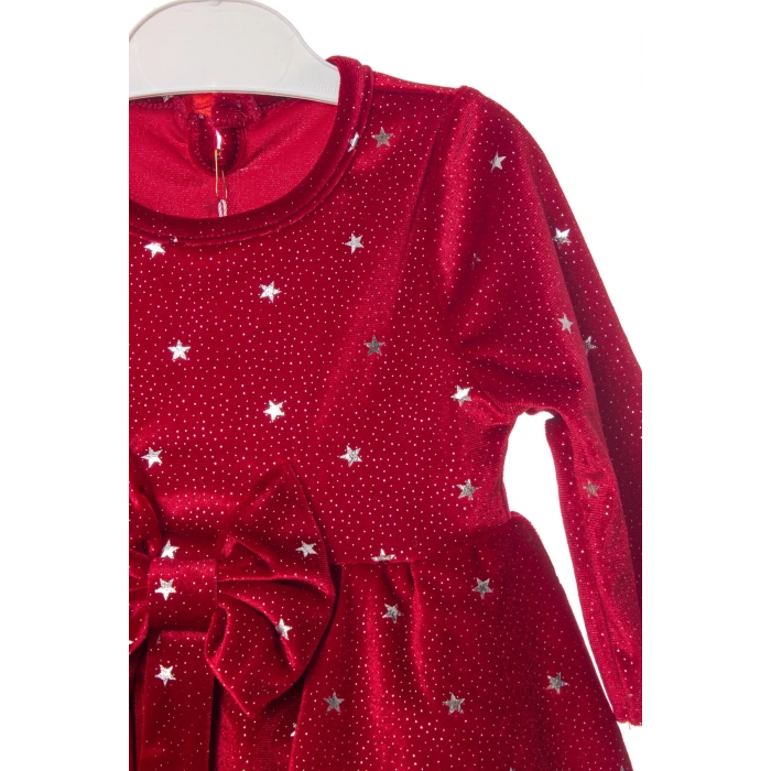 kirmizi renkli tullu varakli simli fiyonk kurdelali yildizli pamuklu uzun kollu elbise