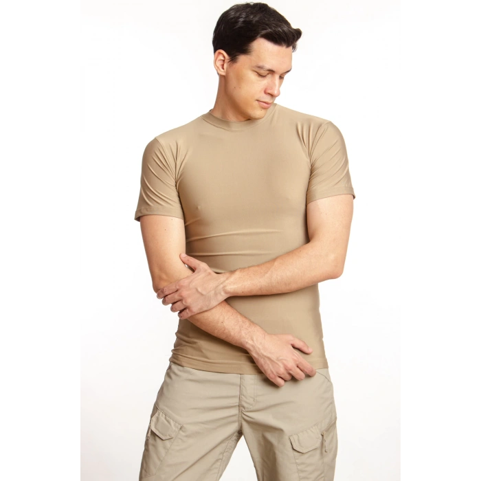 Kisa Kollu Kum Beji Renk Yuvarlak Yakali Microfiber Micro ust Thermal iclik Tisort