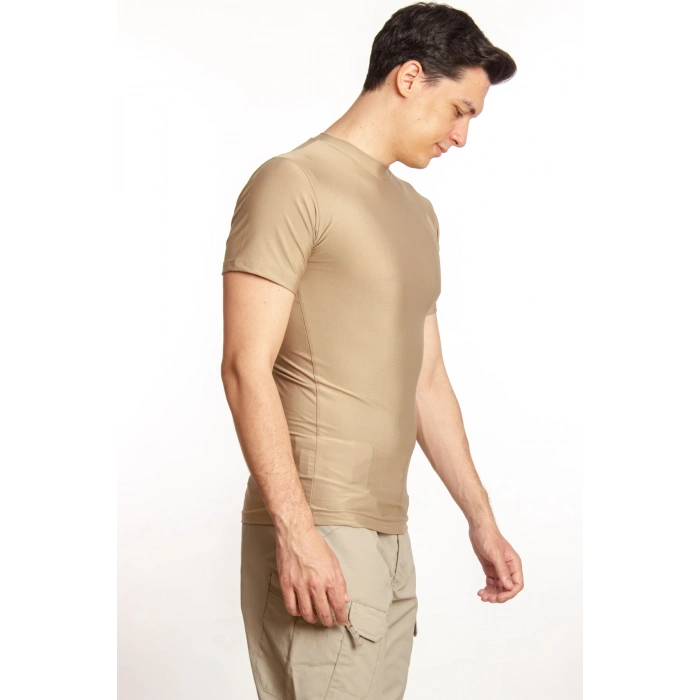 Kisa Kollu Kum Beji Renk Yuvarlak Yakali Microfiber Micro ust Thermal iclik Tisort