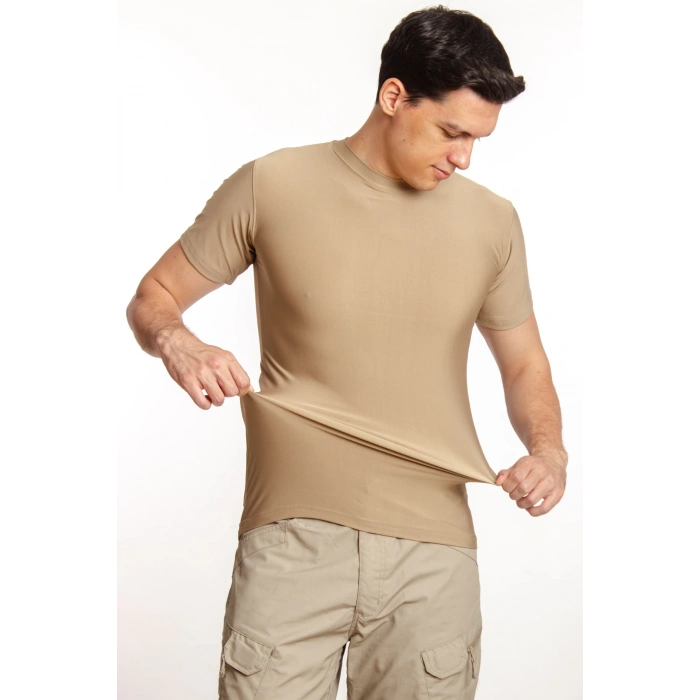 Kisa Kollu Kum Beji Renk Yuvarlak Yakali Microfiber Micro ust Thermal iclik Tisort