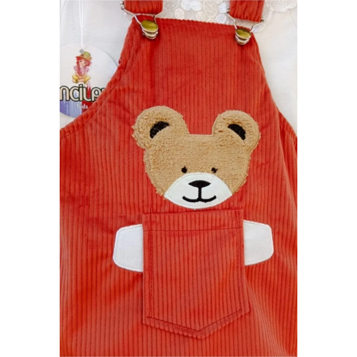 koyu turuncu renkli badili bahcivan elbise ayicik detayli nakisli cepli kaliteli uzun kollu kadife kiyafet