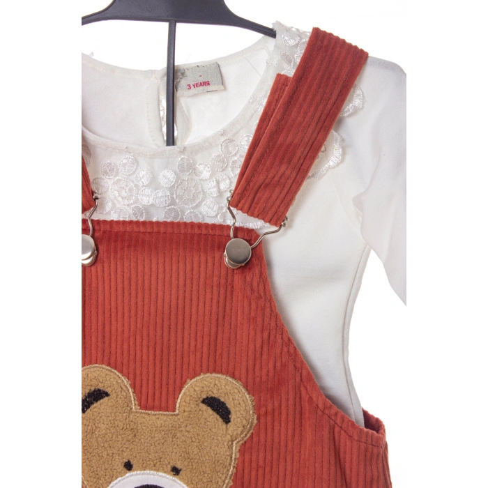 koyu turuncu renkli badili bahcivan elbise ayicik detayli nakisli cepli kaliteli uzun kollu kadife kiyafet