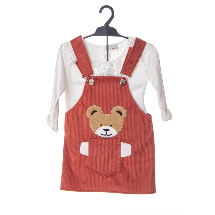 koyu turuncu renkli badili bahcivan elbise ayicik detayli nakisli cepli kaliteli uzun kollu kadife kiyafet