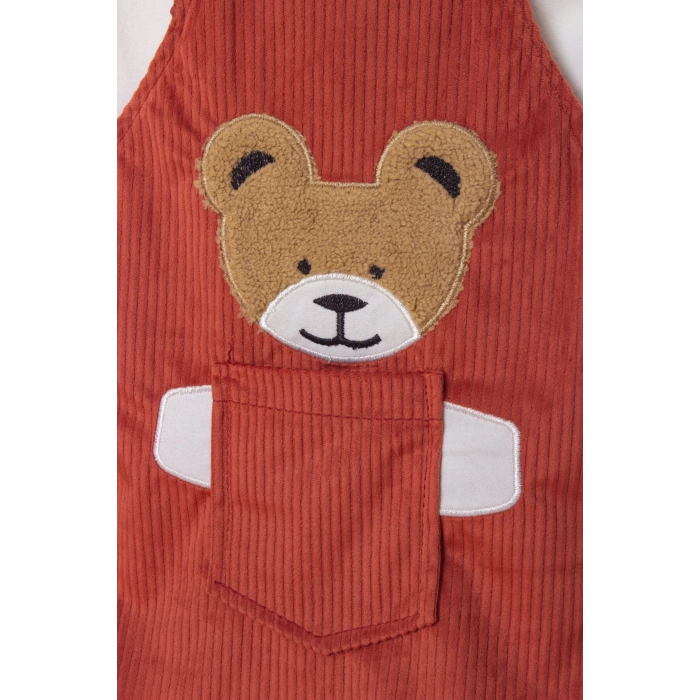 koyu turuncu renkli badili bahcivan elbise ayicik detayli nakisli cepli kaliteli uzun kollu kadife kiyafet