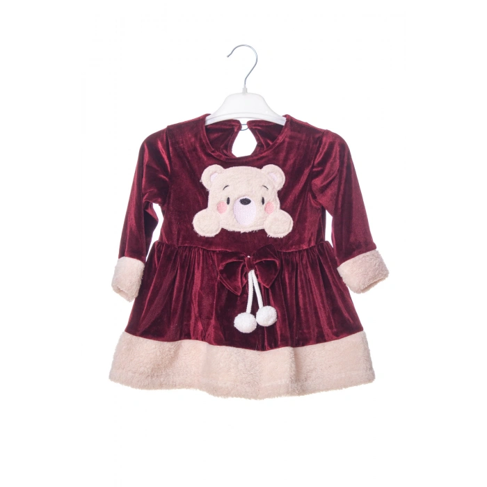 koyu visne renkli bear kadife elbise detayli ayicik nakisli kaliteli uzun kollu elbise