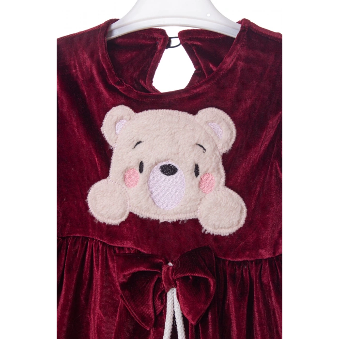 koyu visne renkli bear kadife elbise detayli ayicik nakisli kaliteli uzun kollu elbise