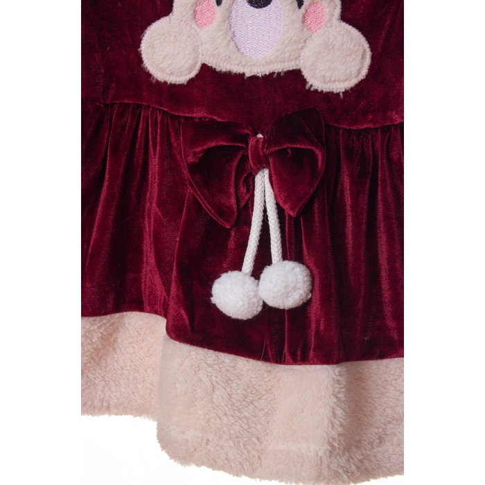 koyu visne renkli bear kadife elbise detayli ayicik nakisli kaliteli uzun kollu elbise