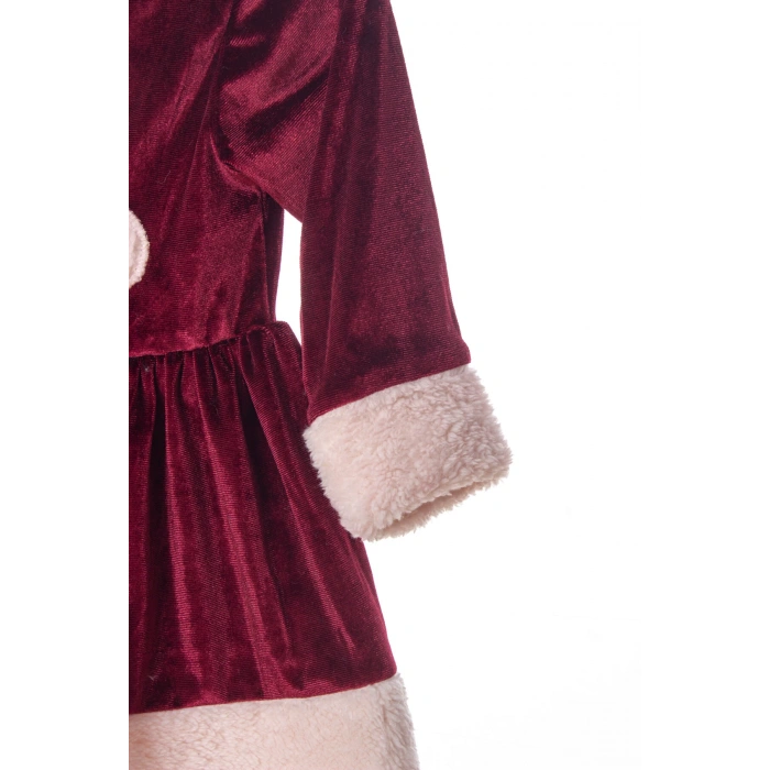 koyu visne renkli bear kadife elbise detayli ayicik nakisli kaliteli uzun kollu elbise