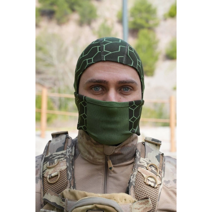 Koyu Yesil Haki Renkli Ruzgar Gecirmez Termal Balaklava Kar Maskesi