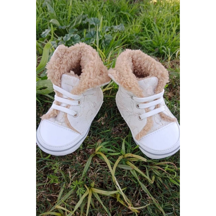 krem renkli converse model ici polarli organik unisex cocuk bebek ilkadim bagcikli patik sneaker casual ayakkabi