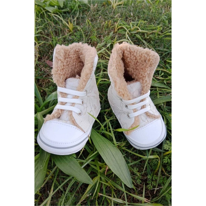 krem renkli converse model ici polarli organik unisex cocuk bebek ilkadim bagcikli patik sneaker casual ayakkabi