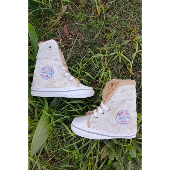 krem renkli converse model ici polarli organik unisex cocuk bebek ilkadim bagcikli patik sneaker casual ayakkabi
