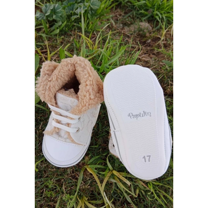 krem renkli converse model ici polarli organik unisex cocuk bebek ilkadim bagcikli patik sneaker casual ayakkabi