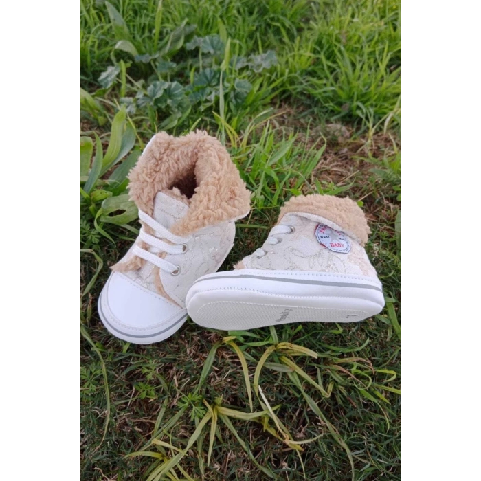 krem renkli converse model ici polarli organik unisex cocuk bebek ilkadim bagcikli patik sneaker casual ayakkabi