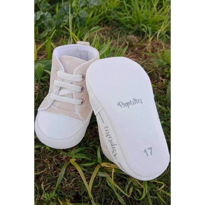 krem renkli ici pamuklu organik cocuk bebek ilkadim bagcikli patik sneaker casual ayakkabi