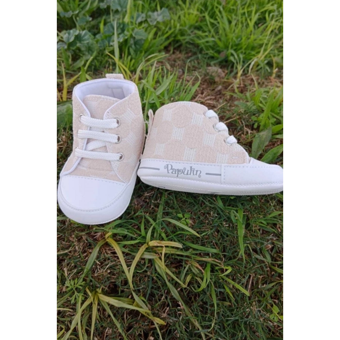 krem renkli ici pamuklu organik cocuk bebek ilkadim bagcikli patik sneaker casual ayakkabi