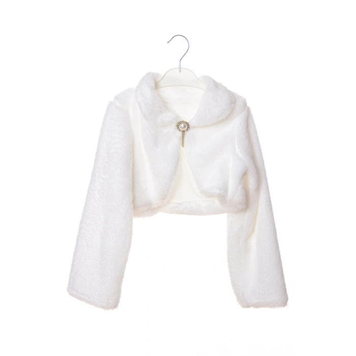 krem renkli uzun kollu pamuklu kiz cocuk bolero yelek