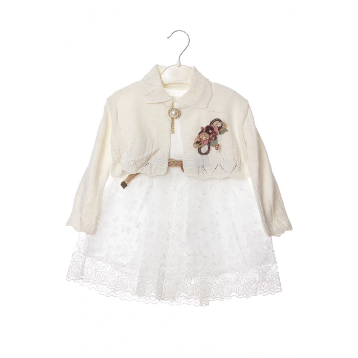 kum beji beyaz renkli hasir kemerli cicek broslu bolerolu tullu astarli pamuklu kaliteli uzun kollu kiz cocuk elbise